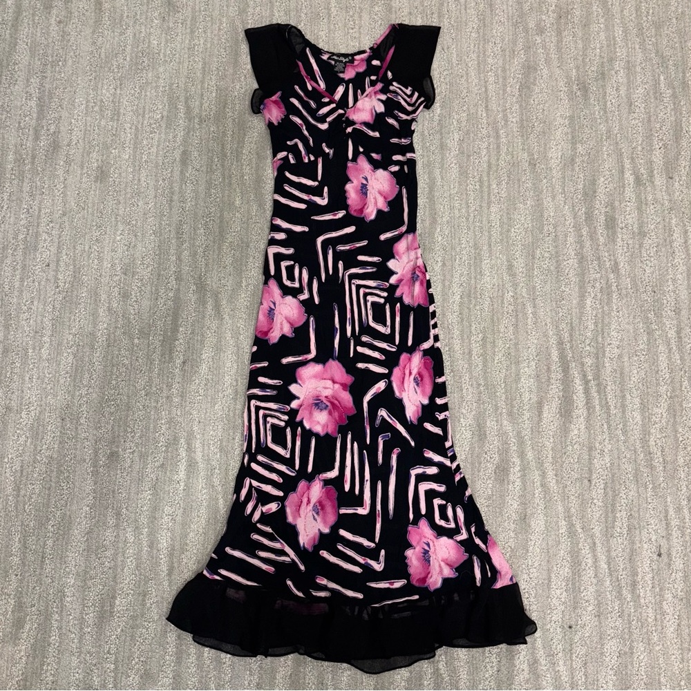 Y2K Her Style Black Pink Beaded Chiffon Maxi Dress Fairy Ruffle Womens Sz S